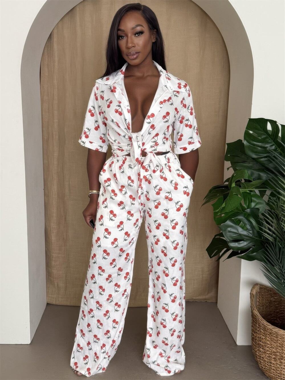 Cherry Pop Wide-leg Pants Set Summer Vacation Size S